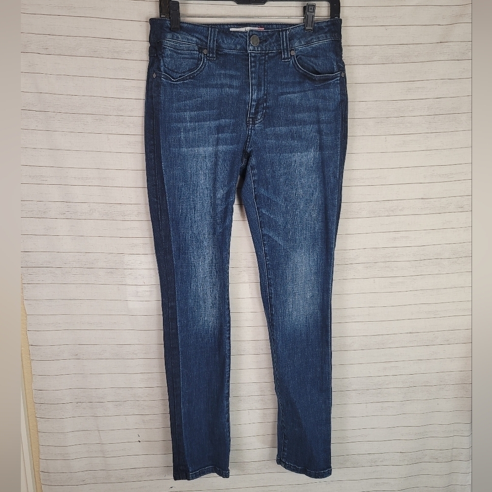 CAbi High Straight Tuxedo Stripe Denim Jeans, sz 6
